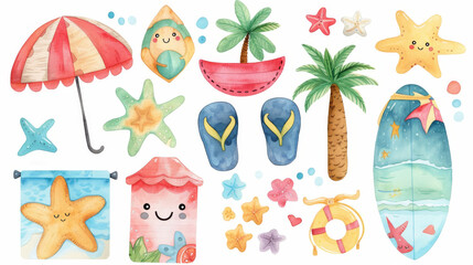 Fototapeta premium Playful watercolor illustration collection of beach-themed items including a pineapple, umbrella, and surfboard.
