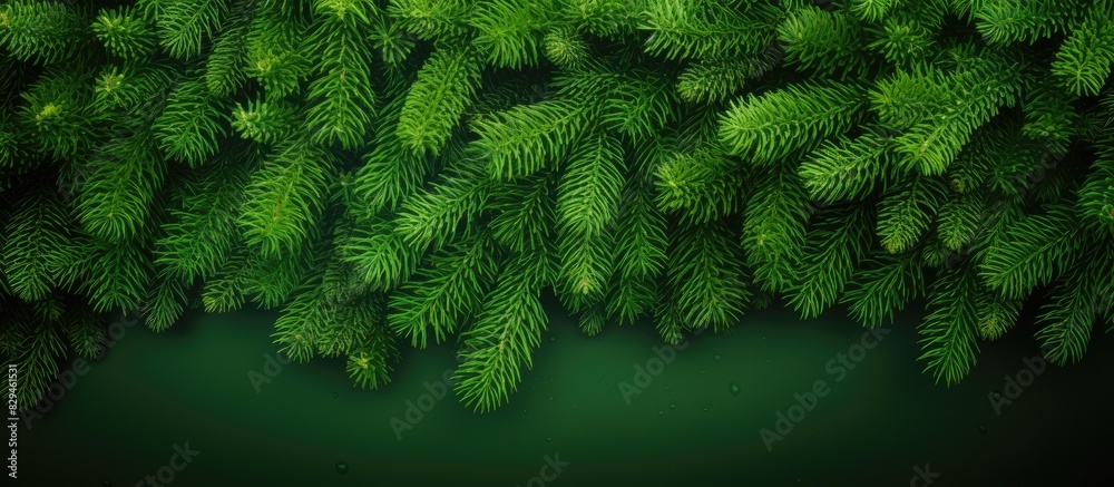 Poster copy space image of a vibrant green background with fresh branches from a young spruce tree resembli