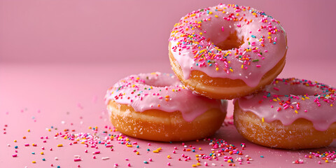 a group of donuts with pink frosting and sprinkles
Variety of store-bought donuts in a white paper box. 
