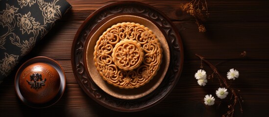 Round shaped fresh baked moon cake pastry Chinese moonckae for Mid Autumn Moon Festival on wooden background and serving tray top view flat lay. copy space available