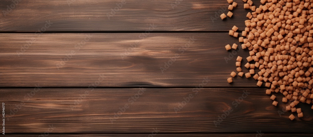 Poster Top view of dog food in bowl with empty wooden background for text input Pet food concept. copy space available