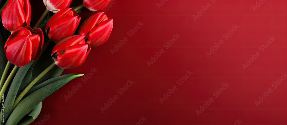 Aufkleber banner with a bouquet of red tulips on red background flat lay with flowers top view with copyspace 
