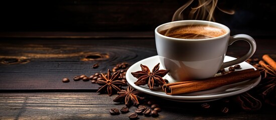 cup of coffee with cinnamon and anise stars on a dark wooden background. copy space available