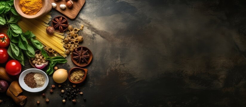 Top down view of kitchen table showcasing a variety of ingredients for cooking pasta with ample copy space available for personalized text