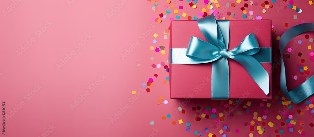 Poster Gift box with ribbon and bow on color background and space for text Top view. copy space available