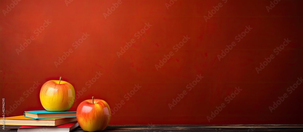 Poster Red apple with pencils and school black board and a notebook on orange background Back to school and knowledge skills with education concept with copy space