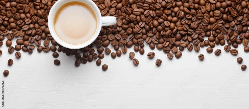 Poster a white empty cup in coffee beans backgroun flat lay copy space