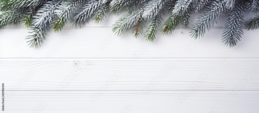 Poster a stunning arrangement of fir branches gracefully adorning a pristine white wooden backdrop leaving 