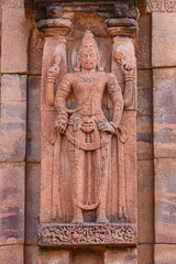 Standing Sculpture of Lord Vishnu on the Sri Virupaksha Temple, Pattadakal, Bagalkot, Karnataka, India.