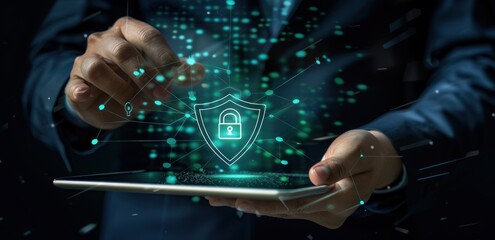 Virtual security shield and padlock icon. Businessman and cybersecurity concept