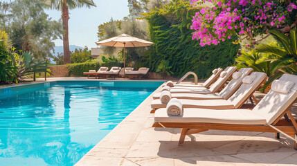 Deck chairs by the swimming pool in a beautiful summer resort. Pastel sunbeds in an exotic luxury hotel. Tropical travel mood, summer vacation background concept.	
