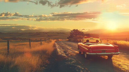 Couple in a red convertible on a scenic road at sunset, surrounded by a beautiful landscape of rolling hills and golden light.
