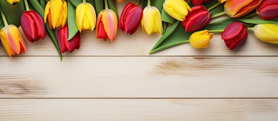 Red and yellow tulips on light wooden boards Space for text banner. copy space available