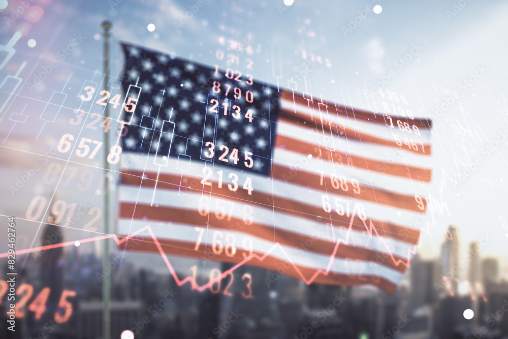 Poster multi exposure of abstract statistics data hologram interface on us flag and city background, comput
