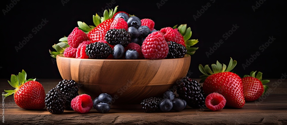 Poster a variety of fresh and ripe berries are displayed in a wooden bowl on a black table with a top down 