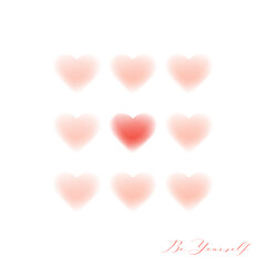 Cute Card with Blurred Hearts and Lettering. Love yourself, self care, self acceptance concept. One Heart Stands Out Among Rest. Aesthetic symbol, logo. Vector postcard, valentines card.