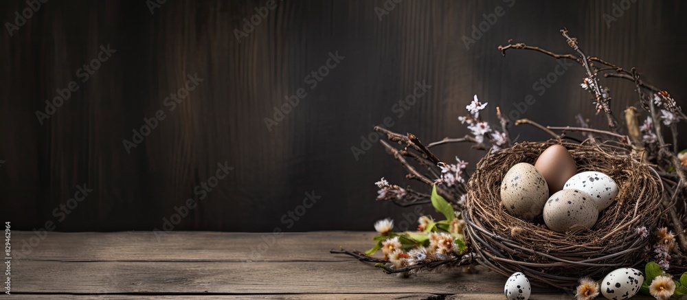 Poster easter background with eggs nest and catkins on old wooden background copy space