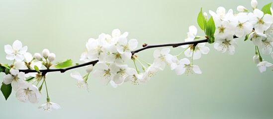 Obraz premium Branches of a fruit tree adorned with delicate white apple blossoms creating a serene and elegant copy space image