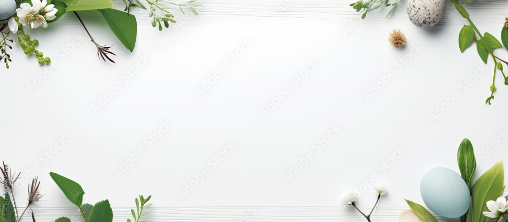 Aufkleber frame with plants invitation card with environment and quail eggs easter eggs ribbons and nest on white background. copy space available