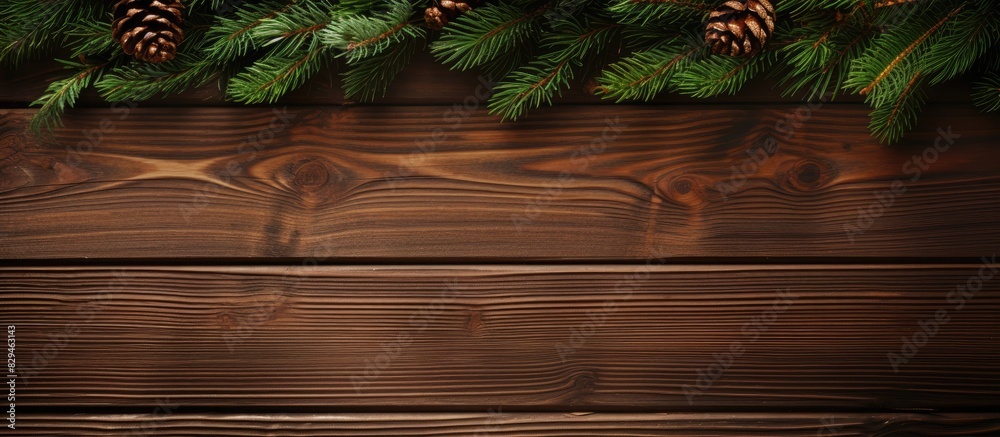Poster green spruce branch with Christmas decor on a brown wood background empty space. copy space available