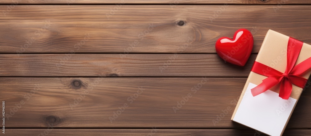 Poster a top down view of a wooden table with a red paper heart gift box and notebooks the composition prov