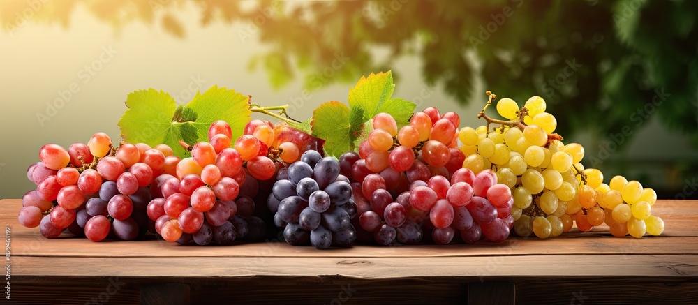 Poster different fresh ripe juicy grapes and space for text on wooden table top view. copy space available