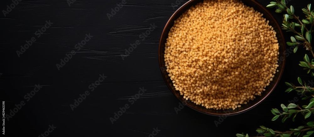 Aufkleber bulgur wheat in a black plate on black background top view copy space flat lay