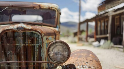 Through the lens we see a hauntingly beautiful rusted car abandoned long ago in the center of a dusty main street.