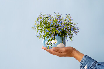 Forget Me Not flowers in tea cup carried by females hand.