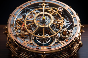 Obraz premium A Mesmerizing Gold Clock Intricately Designed with Exposed Gears, Exuding a Timeless Elegance and Mechanical Charm
