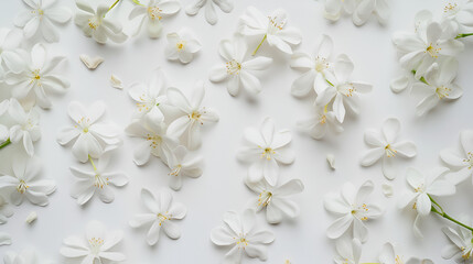 Fresh jasmine flowers on a green levees in a  white surface background ai generative