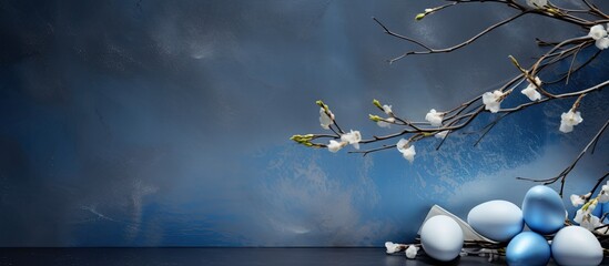 Easter themed background with blue color The decorated Easter eggs feature silver ribbon and willow branches creating a visually appealing copy space image
