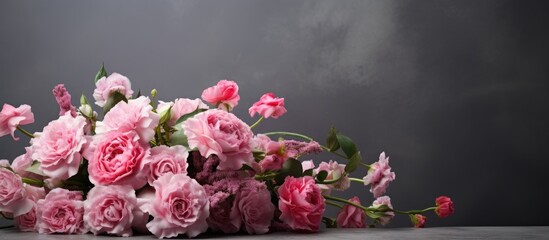 A copy space image of pink roses and carnations arranged in a bouquet on a gray background