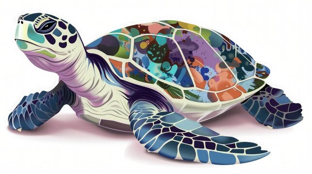 Colorful mosaic sea turtle design with patterned shell and flippers is isolated on a white background, perfect for environmental marketing materials.