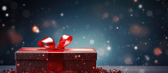 A beautiful gift box for the New Year adorned with a red ribbon and surrounded by twinkling lights on a stylish grey background perfect as a copy space image - Powered by Adobe