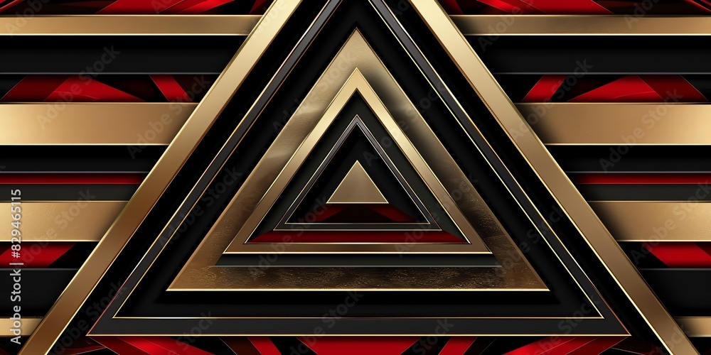 Wall mural black, gold and Red three-dimensional striped background, triangle/rectangle, black backgroundaspect ratio 2:1, for banner, landing page, website