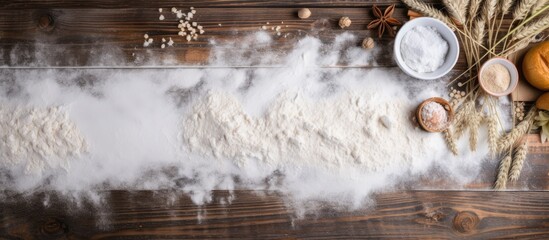 View from above preparation layout on a wooden table with white flour and traditional natural ingredients Flat lay image. Copyspace image