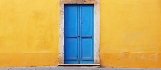 Close up of a yellow wall with blue doors with ample copy space for images