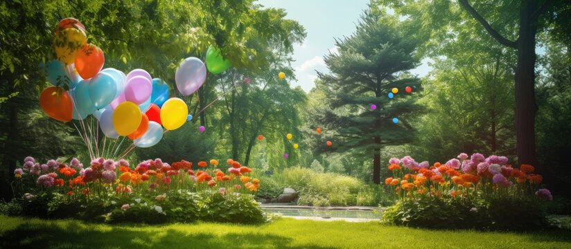 A vibrant assortment of balloons adorns the garden adding a festive touch for a birthday celebration A copy space image is available for additional personalized decorations