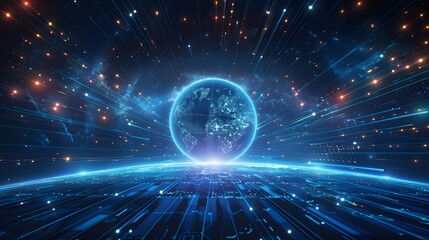 Obraz premium Futuristic depiction of a digital world globe centered on America, representing high-speed data transfer and international information exchange