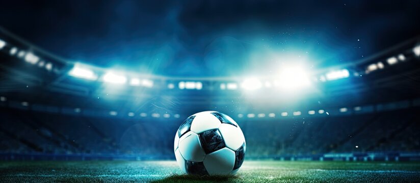 An illuminated soccer ball representing tradition shines brightly under the stadium lights leaving room for copy space image