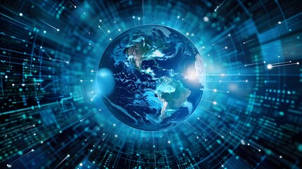 Futuristic depiction of a digital world globe centered on America, representing high-speed data transfer and international information exchange