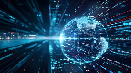 Obraz premium Futuristic depiction of a digital world globe centered on America, representing high-speed data transfer and international information exchange