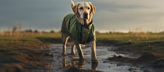 A dirty golden labrador dog wearing a green khaki raincoat walks on frozen puddles in a field while glancing to the side. Copyspace image