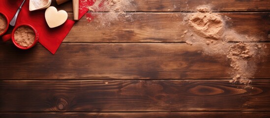 View from above of a red wooden background adorned with rolling pins cookie cutters flour a heart and a cutting board There is ample space for text The image provides a delightful copy space for crea - Powered by Adobe