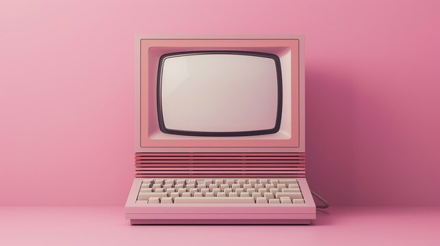Retro old computer monitor with a blank screen and an isolated keyboard on light pink background.
