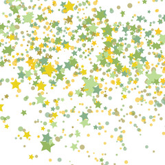 Stars grey glitter confetti isolated on blurred abstract white background. Festive holiday background. Celebration concept. Falling magic gold particles. Invitation mock up. Top view, flat lay