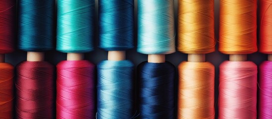 Copy space image of vibrant sewing threads on a gray fabric background offering ample room for text