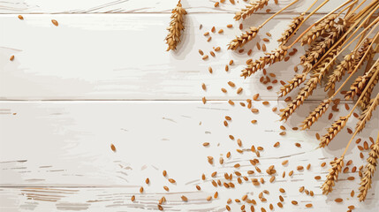 Wheat grains and spikes on white wooden table flat la