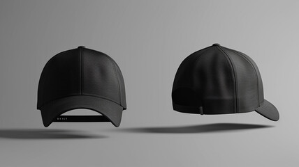Close-up of two black cap mockup on a gray background